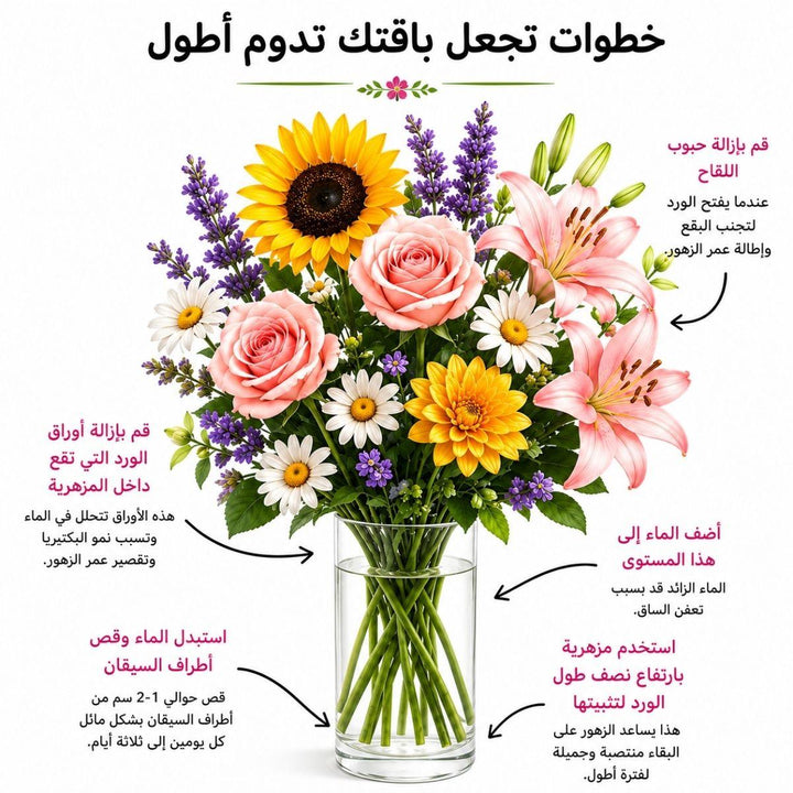 Arabic cut flower care guide with water, trimming and vase instructions, from Sharbatly.