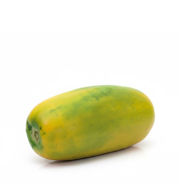 Fresh Formosa papaya from Thailand, single ripe fruit with vibrant orange flesh and smooth green skin.