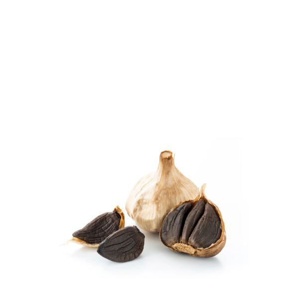 Fermented black garlic herb in a 0.25 kg pot by Sharbatly, showing whole black garlic cloves on a natural background.