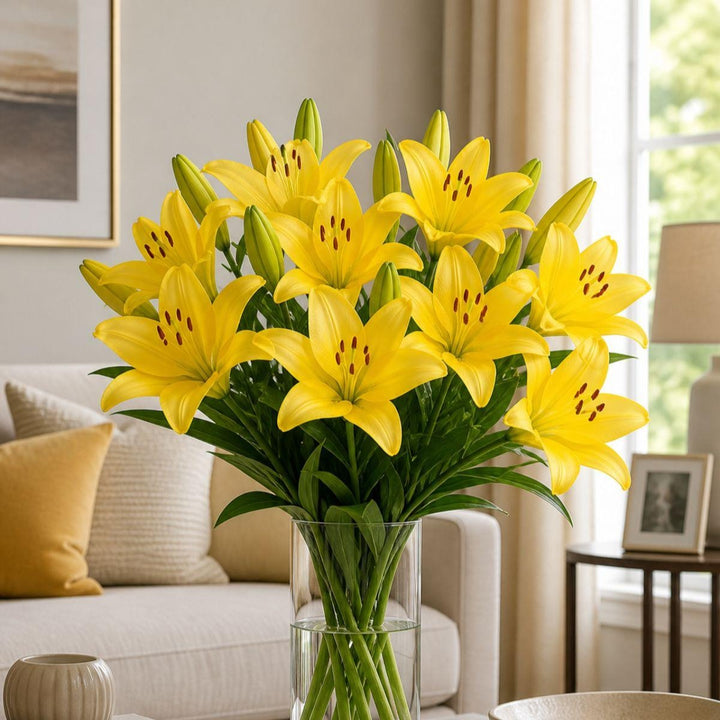 Bright yellow Asiatic lilies with 10 stems, fresh flower bouquet from Flowranow, showcasing vibrant blooms and green foliage.