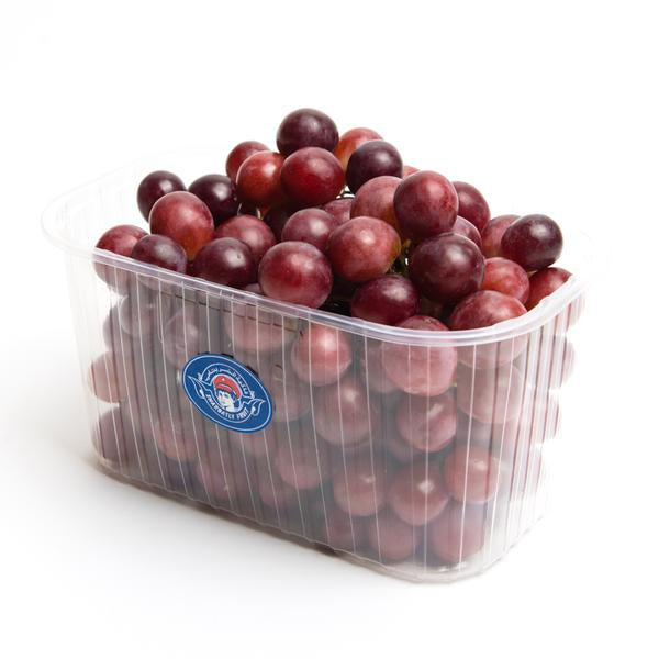 Red Globe grapes from Sharbatly, 1 kg pack, fresh and plump red fruit with green stems in a clear container.
