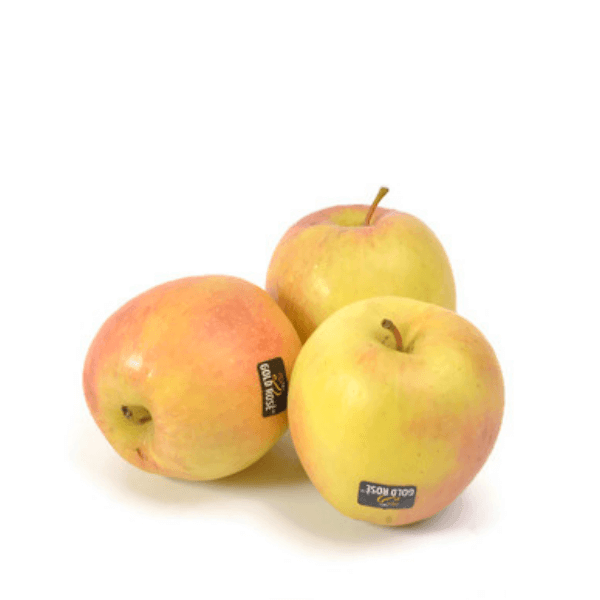 Golden roses and apples in a Sharbatly flower carton, showcasing vibrant golden rose and apple arrangement.