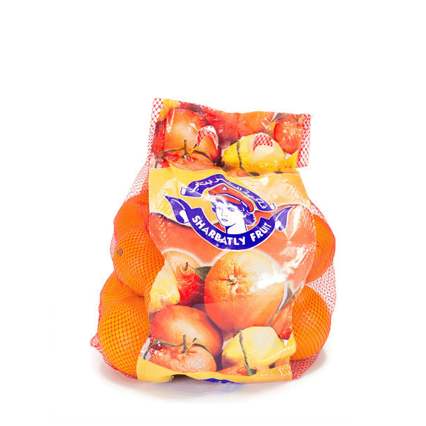 Navel oranges from Sharbatly in a 2 kg bag, fresh and bright orange fruit with smooth skin, ready to eat or use in recipes.