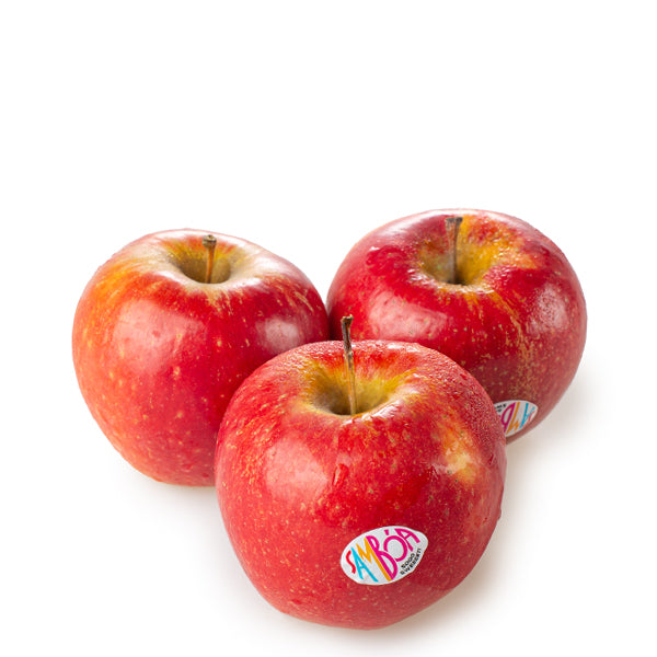 Fresh Sanboa apples from Sharbatly, 1 kg pack, showcasing shiny red fruit with green stems on a white background.