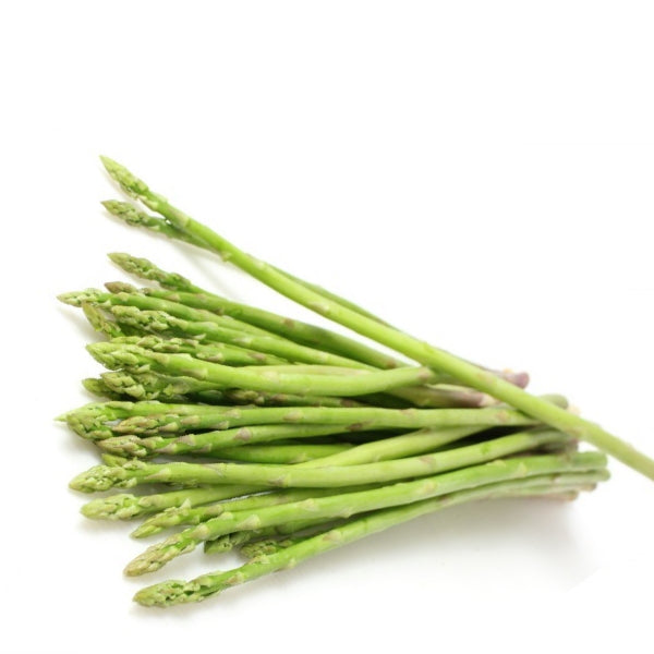 Fresh baby asparagus vegetables from Thailand, 0.1 kg pack, showing vibrant green spears arranged in a cluster.