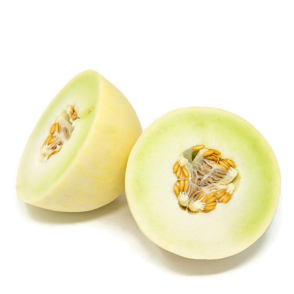 Fresh Honey Dew melon from Sharbatly, single ripe cantaloupe fruit with vibrant orange flesh and green rind.