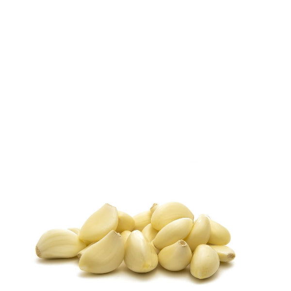 Peeled garlic cloves in a 0.45 kg pack from Sharbatly, fresh vegetable with smooth, white surfaces ready for cooking.